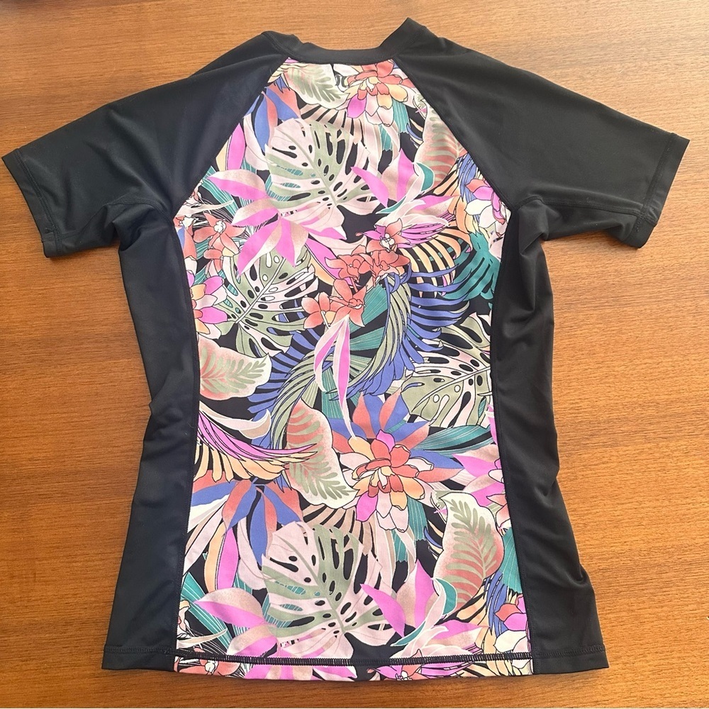 Hurley Palm Paradise UPF 50+ Short Sleeve Rash Guard Black Tropical Small